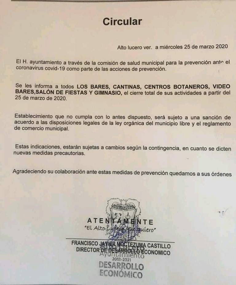 Alto Lucero anuncia cierre de bares, cantinas y salones de fiestas